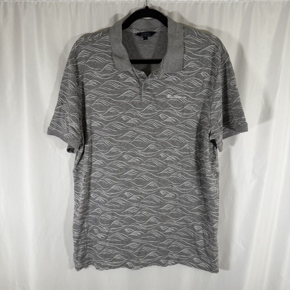 Ben Sherman Polo Shirt Men's Large Grey White Waves Short Sleeve Cotton Blend